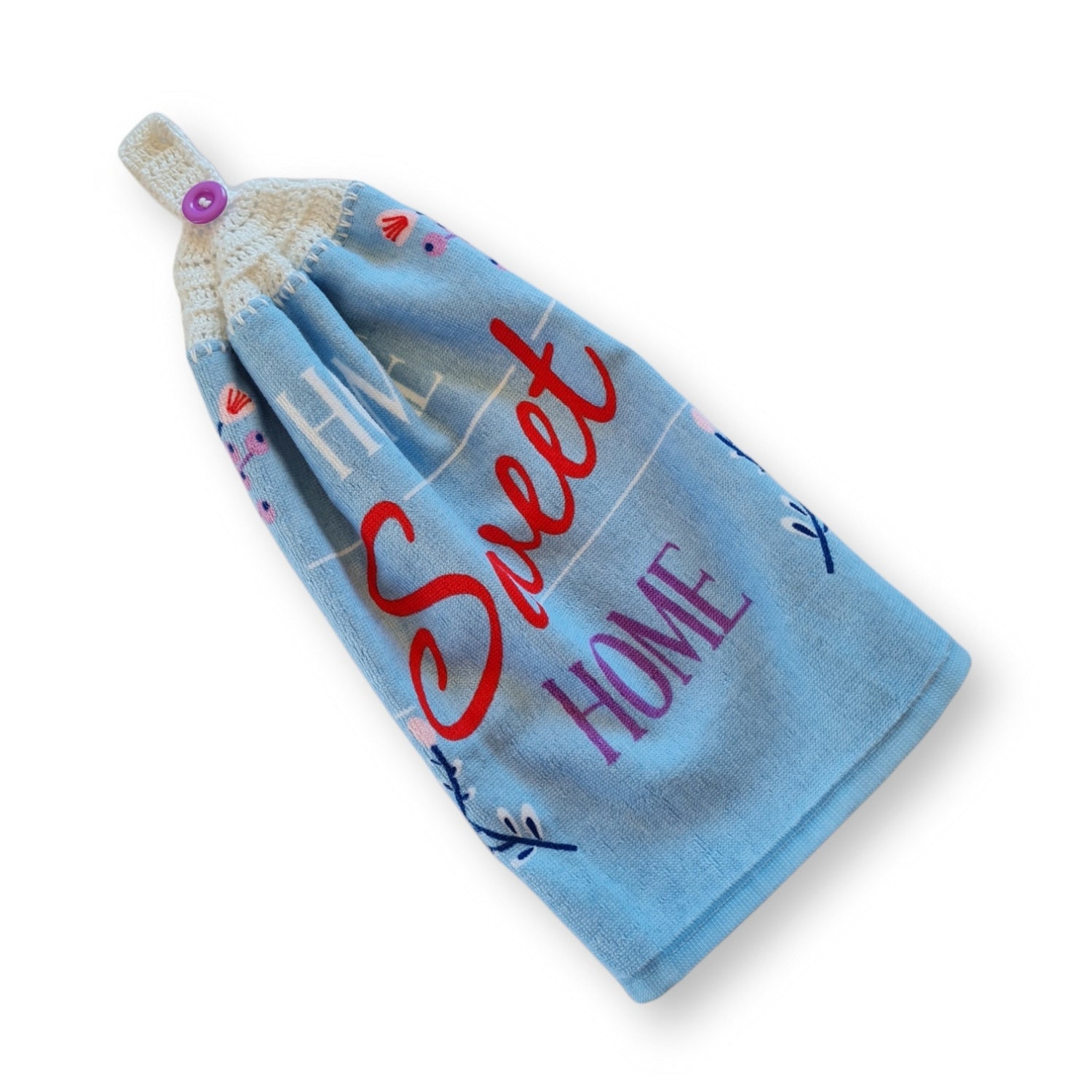 Crochet topped hanging kitchen hand towel - Home Sweet Home