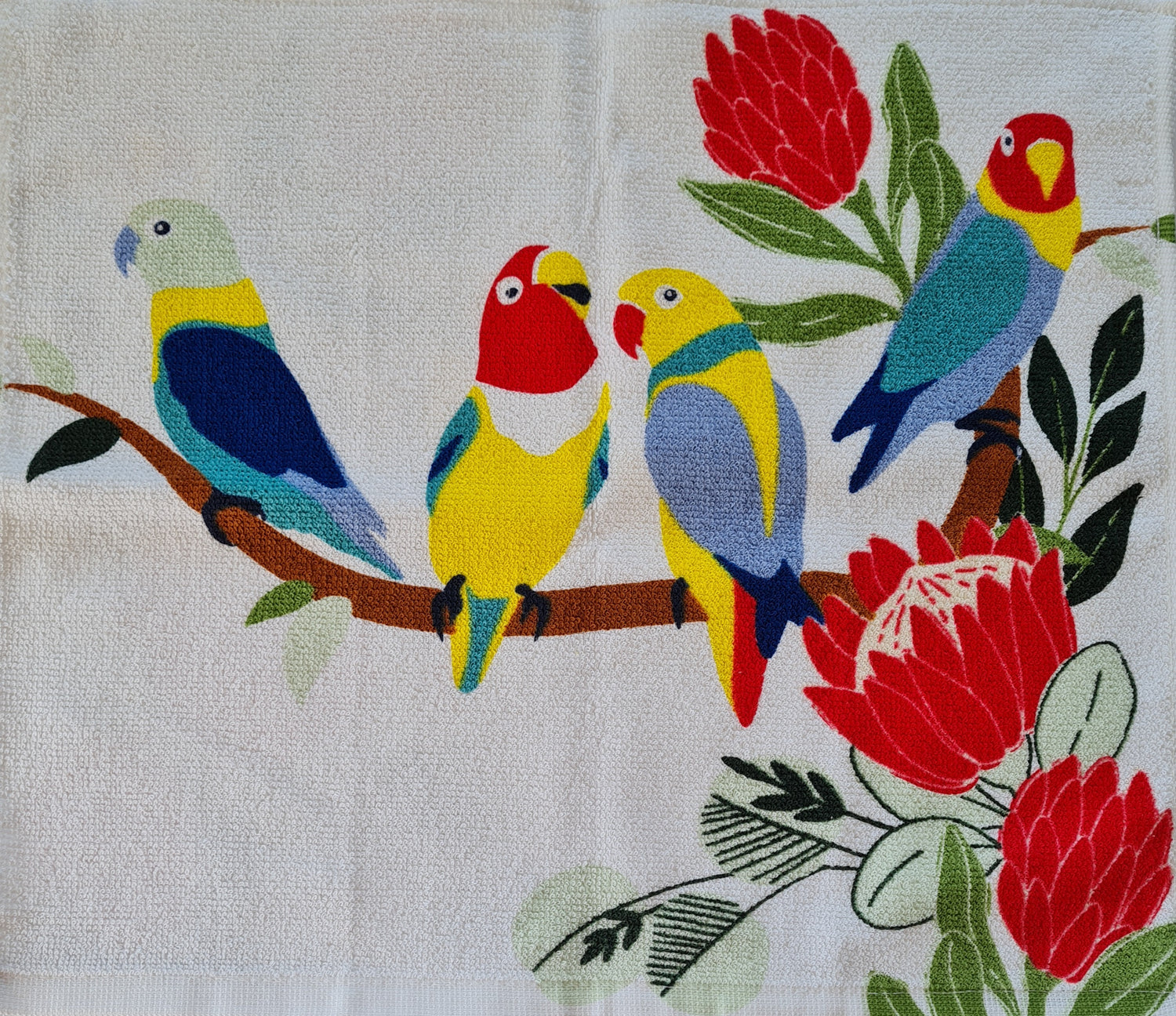 Crochet topped hanging kitchen hand towel -Parrots on a branch