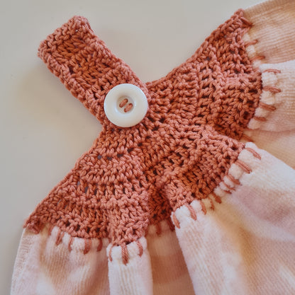 Crochet topped hanging kitchen hand towel - Peach Eucalyptus Leaves