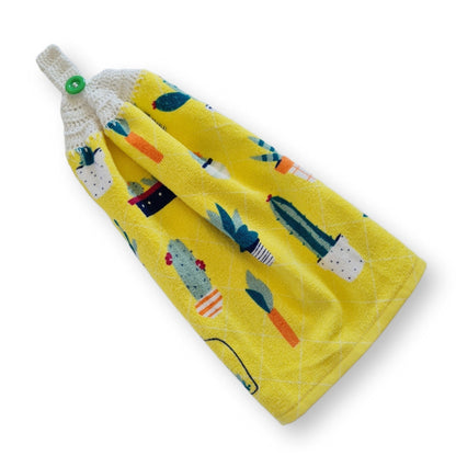 Crochet topped hanging kitchen hand towel - Pot plants and cactus