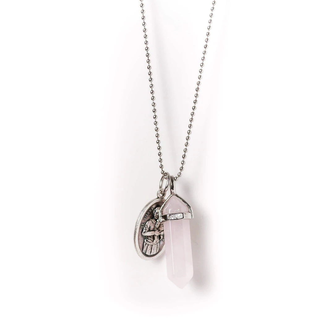 Rose Quartz &amp; Guardian Angel Silver Necklace