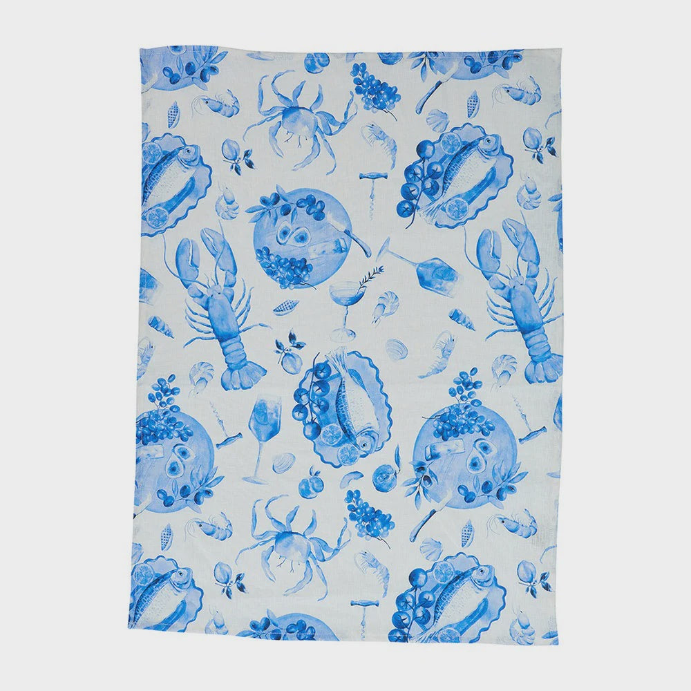 Linen Tea Towel - Seafood Blue
