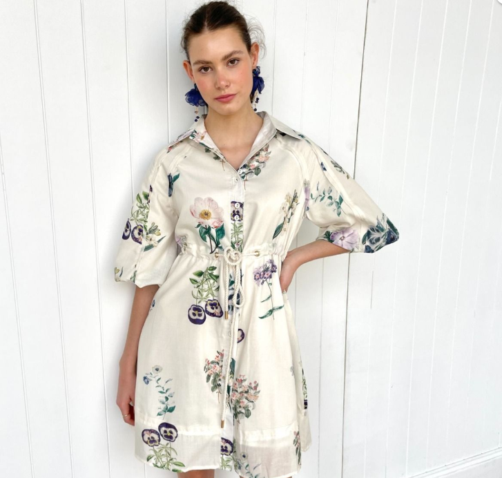Palm Cove Drawstring Dress - White Flower
