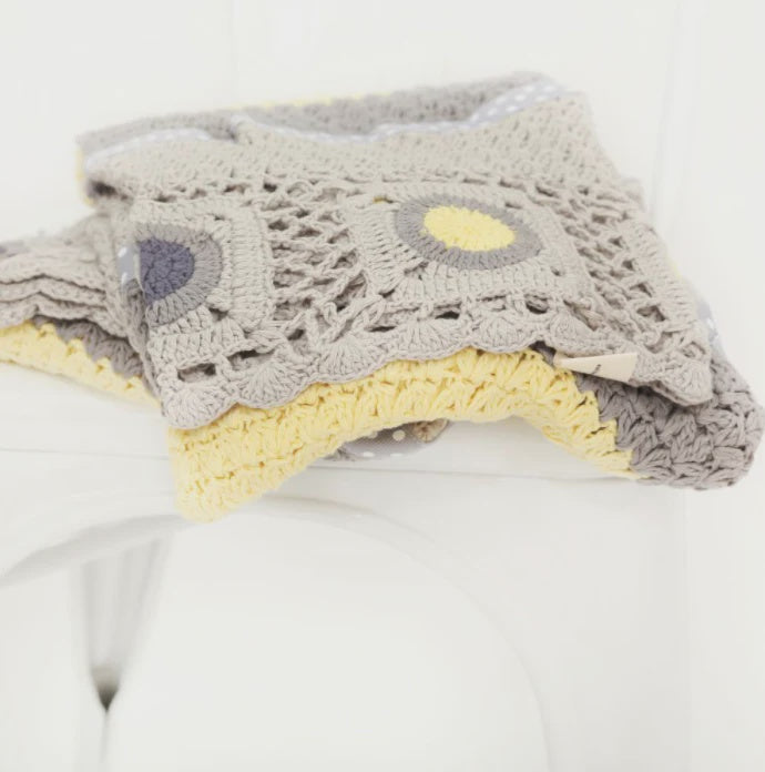 Dusty grey and mustard hand crochet blanket