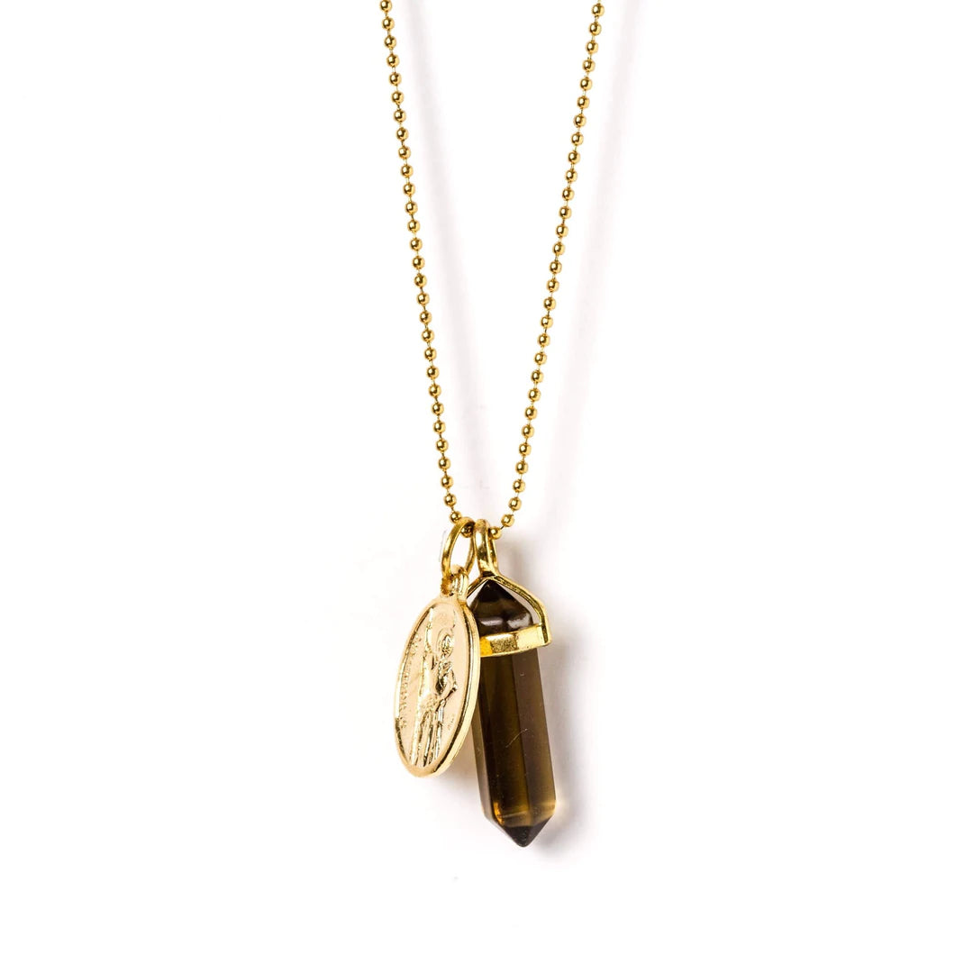 Smokey Quartz &amp; Guardian Angel Gold Necklace