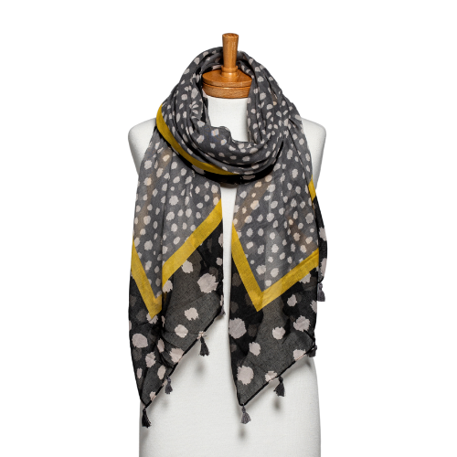 Two Toned Spotted Tassel Scarf - Black