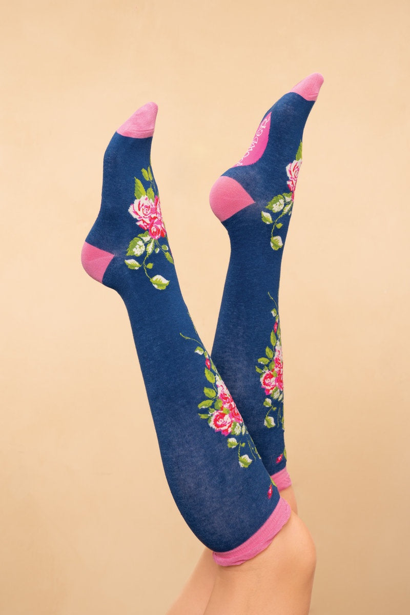Floral Vines Long Socks - Navy
