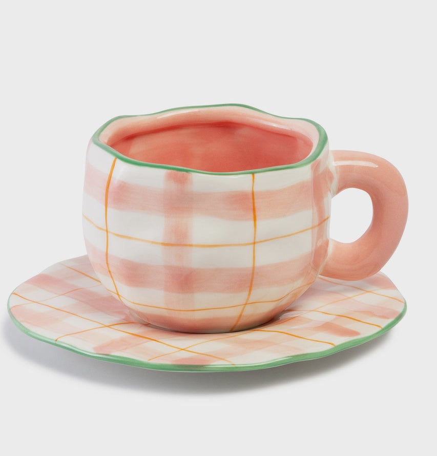 Pink Checkered Cup &amp; Saucer