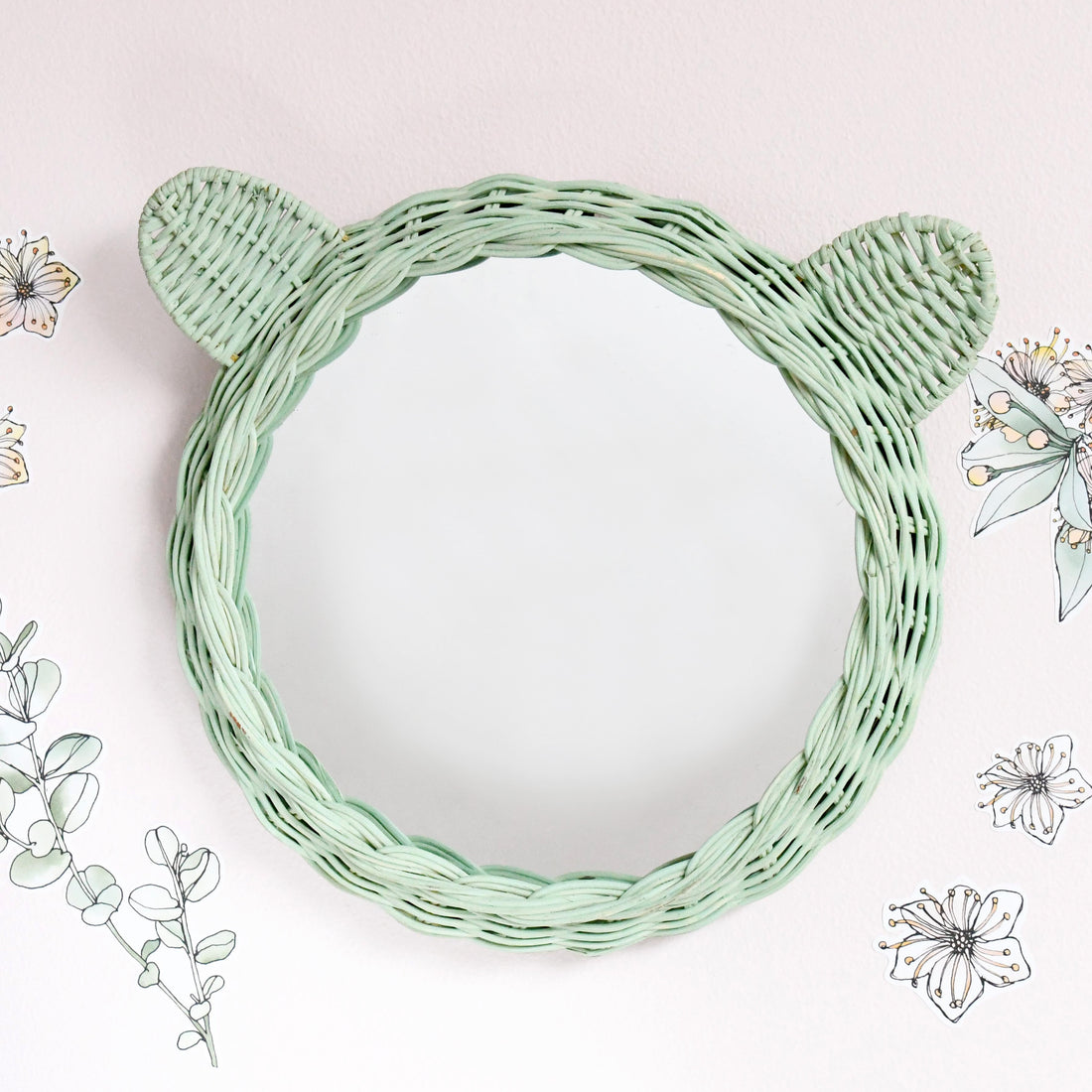 Rattan Bear Mirror - Mint